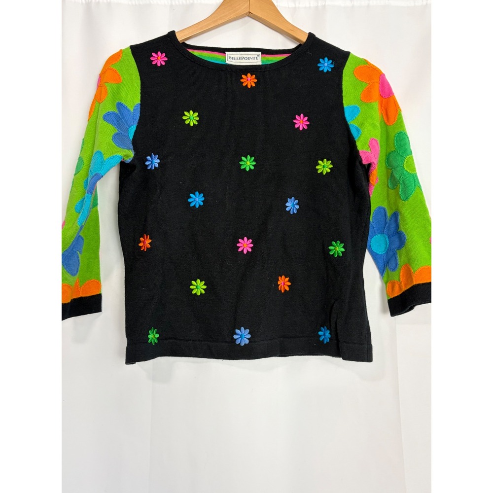 Vintage Retro Floral Knit Sweater Black Neon Daisy Applique Small 70s Cotton